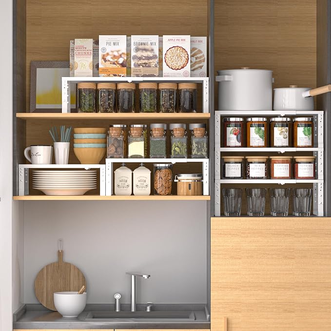 Expandable,Adjustable & Stackable Spice Rack, Cabinet Kitchen Countertop Shelf Organizer,Metal Pantry Storage Shelves - Space-Saving Storage Solution(1Pack/White/Large) - Image 5