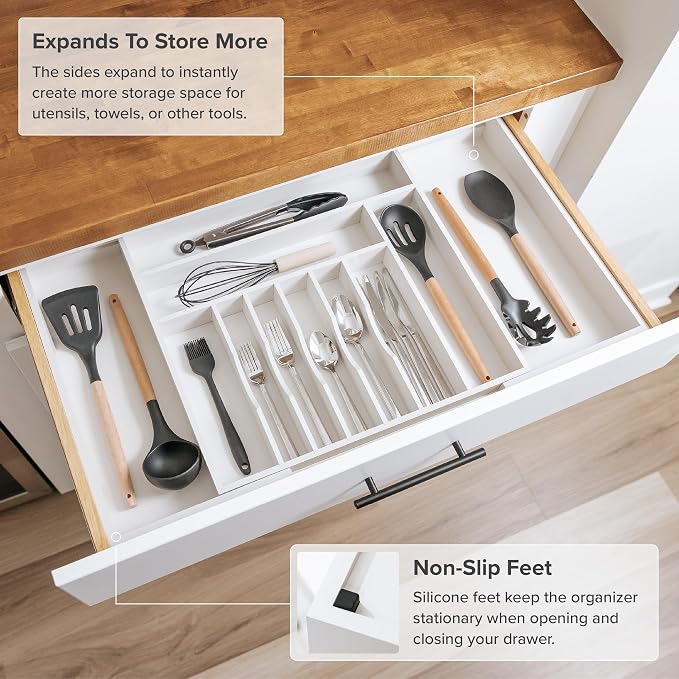 Silverware & Utensil Drawer Organizer, 18-33 in, White Bamboo | Cutlery, flatware, food-safe contract grade, kitchen drawer fit - Image 5