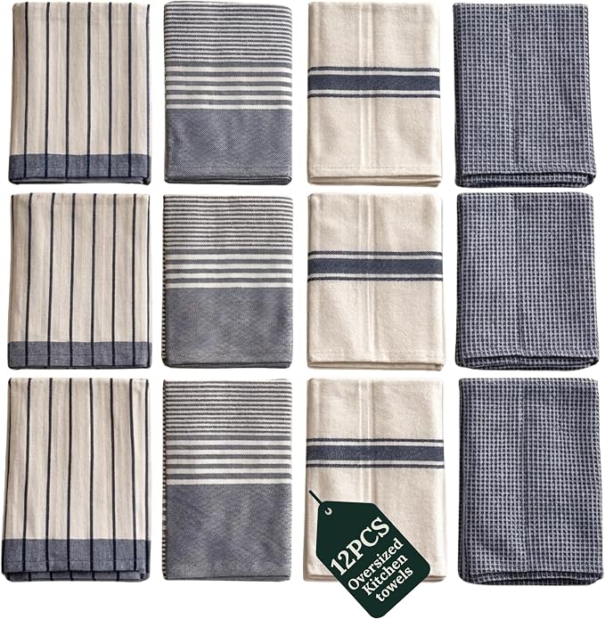 CSL Pack of 12 Kitchen Towels, Absorbent & Soft, Oversized, 18x28- Indigo by CloudScapeLinen
