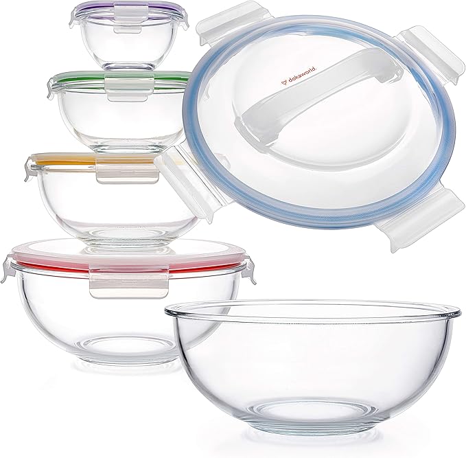 Set of 5 Stackable Space-Saving Nesting Glass Bowls with BPA Free Lids for Foodprep, Storage, Baking, Mixing & Cooking, Microwave Safe - Durable Inert Borosilicate Glass by Dokaworld