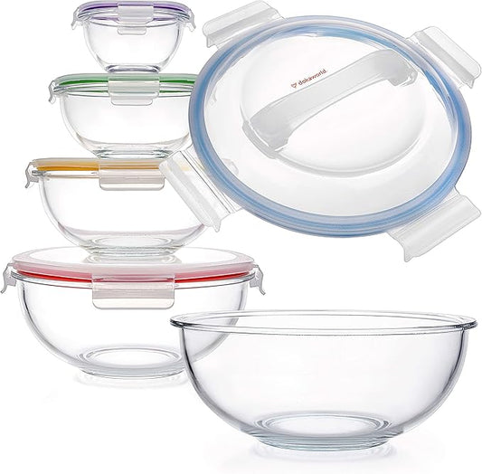 Set of 5 Stackable Space-Saving Nesting Glass Bowls with BPA Free Lids for Foodprep, Storage, Baking, Mixing & Cooking, Microwave Safe - Durable Inert Borosilicate Glass by Dokaworld