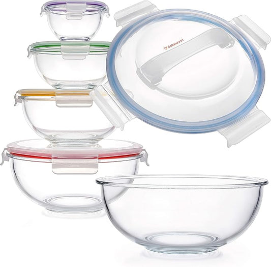 Set of 5 Stackable Space-Saving Nesting Glass Bowls with BPA Free Lids for Foodprep, Storage, Baking, Mixing & Cooking, Microwave Safe - Durable Inert Borosilicate Glass by Dokaworld