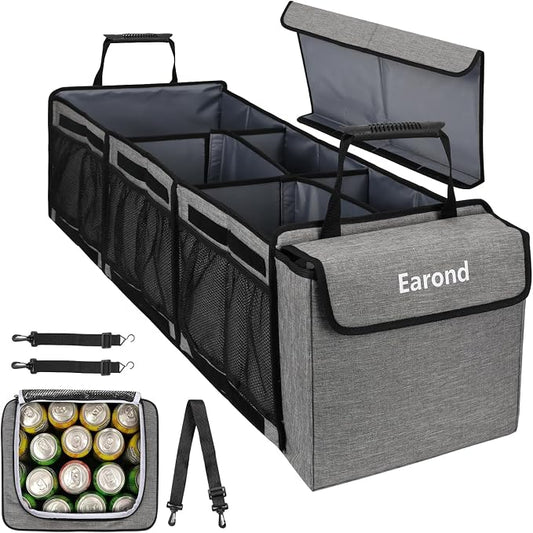 Collapsible Trunk Organizer with Insulated Leakproof Cooler Bag,Removable Lid,Adjustable Securing Straps,3 Compartments Trunk Organizer for SUV,Truck,Sedan(Light Grey) by EarondLabProducts