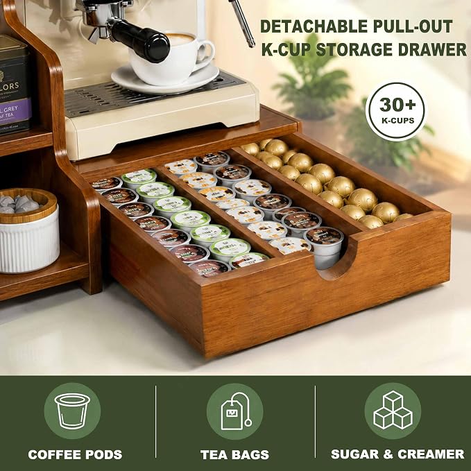 Coffee Station Organizer with K Cup Holder Drawer for Countertop, Coffee Tea Bar Accessories Office Corner Stand Station, 28 Pods Holder Drawer 3-Tier Trapezoidal Wooden Syrup Organizer Rack - Image 4