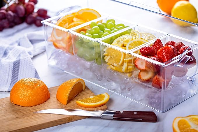 Pikanty Chilled Condiment Server Caddy with Ice Base - 4 Compartments and 4 Serving Tongs Included, Mimosa Bar, Taco Bar, Garnish Tray for Parties, Weddings, BBQs, Dishwasher Safe, Made in USA - Image 3
