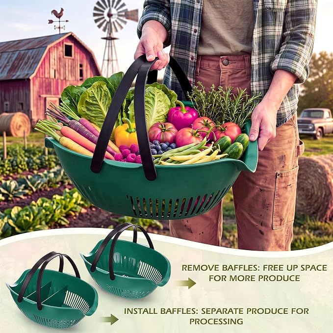 Nuogo 3 Pcs Garden Harvest Basket Removable Partitions with Tool Caddy for Collecting Carrying and Cleaning Harvesting Basket Doubles Colander for Vegetables and Fruits Garden Accessories(Dark Green) - Image 5