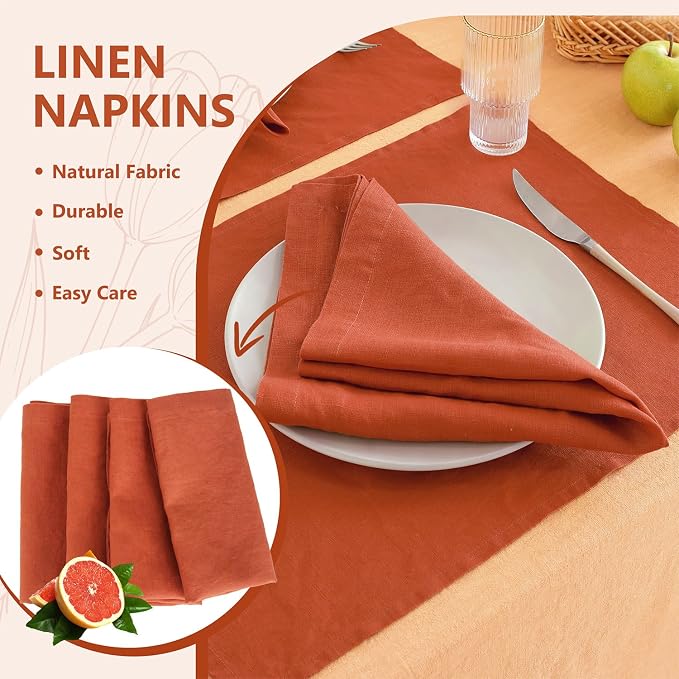 100% Linen Dinner Napkins 20x20 Inch,Soft and Breathable French Flax Cloth Napkins,Stone Washed Set of 4(Rust) - Image 3