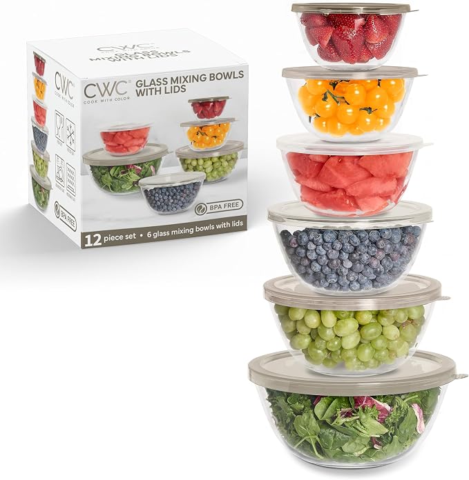 COOK WITH COLOR 12 Pc Glass Mixing Bowl Set with Lids – Borosilicate Glass Nesting Bowls for Cooking, Baking and Meal Prep, Brown by CookwithColor