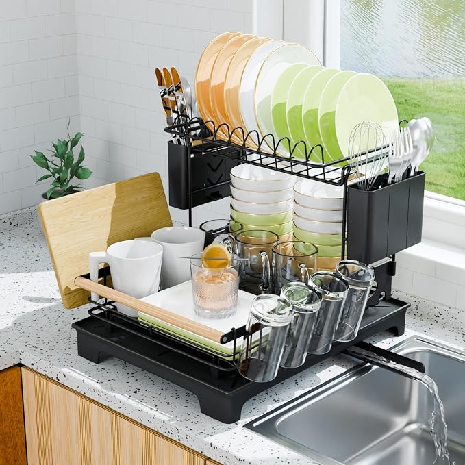 2-Tier Dish Rack with Drainboard: Large Capacity Anti-Rust Kitchen Counter Organizer with Cup, Utensil & Cutting Board Holders, Heavy Duty Dish Drying Rack, Black by Unknown