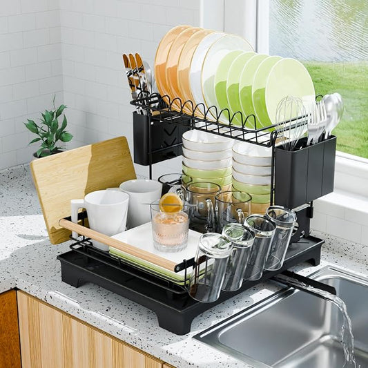2-Tier Dish Rack with Drainboard: Large Capacity Anti-Rust Kitchen Counter Organizer with Cup, Utensil & Cutting Board Holders, Heavy Duty Dish Drying Rack, Black by Unknown