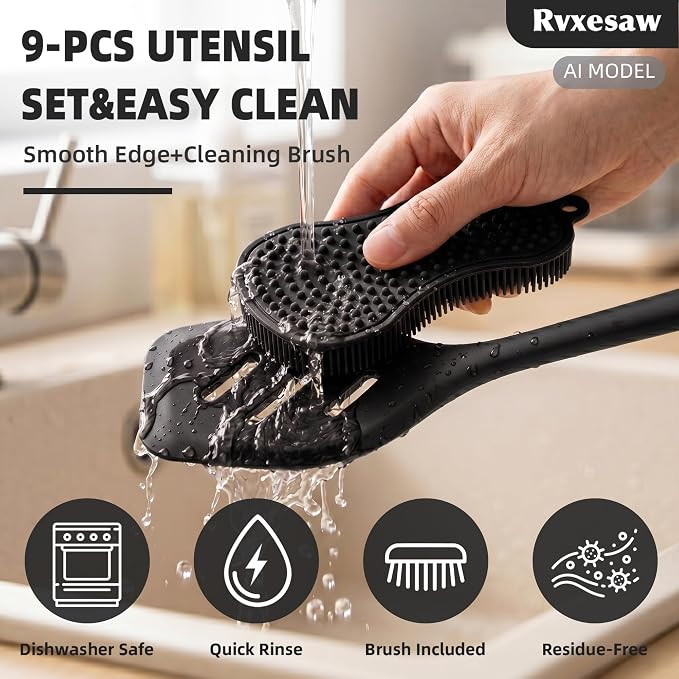 Kitchen Utensils Set,9 PCS Silicone Cooking Utensils Set Spatula Set,Non Toxic Cooking Utensils,Tongs,Spoon,Whisk,Brush,BPA Free Kitchen Gadgets for Non-Stick Cookware,Home Essential(Black-9P) - Image 7