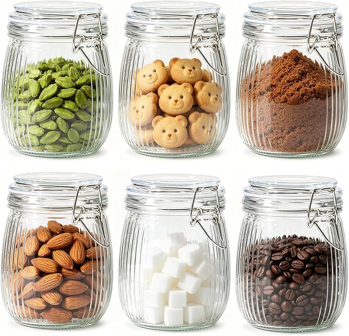 ComSaf Ribbed Glass Mason Jars with Airtight Lids 25 oz 6 Pack Coffee | Flour sugar coffee beans, Fermenting pickling, Farmhouse pantry decor, Kitchen storage, Dry food storage, Sourdough starter by ComSaf
