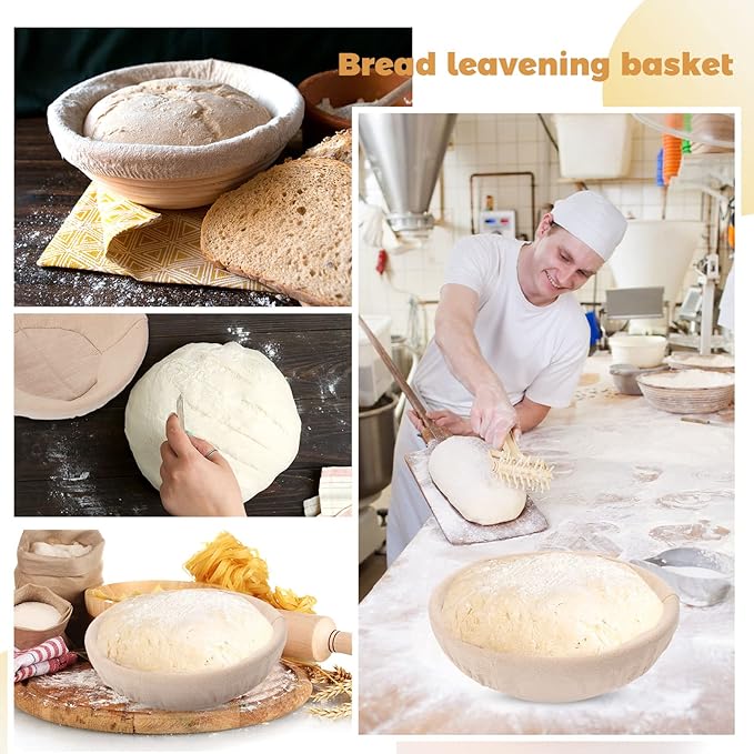 Nuogo 5 Pack Banneton Bread Proofing Basket 8.5 Inch Round Sourdough Proofing Basket Bowl with Liners and Scatters for Home Making Bread Bakers Baking - Image 5