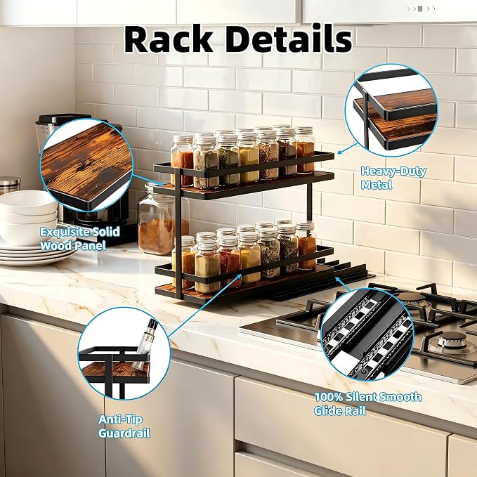 Pull Out Spice Rack 2-Tier Metal & Wood Seasoning Organizer | No-Drill Install | Full-Extension Silent Glide | Each Tier Holds 10–12 Standard Spice Bottles | Rustproof, Wipe-Clean Surface - Image 4