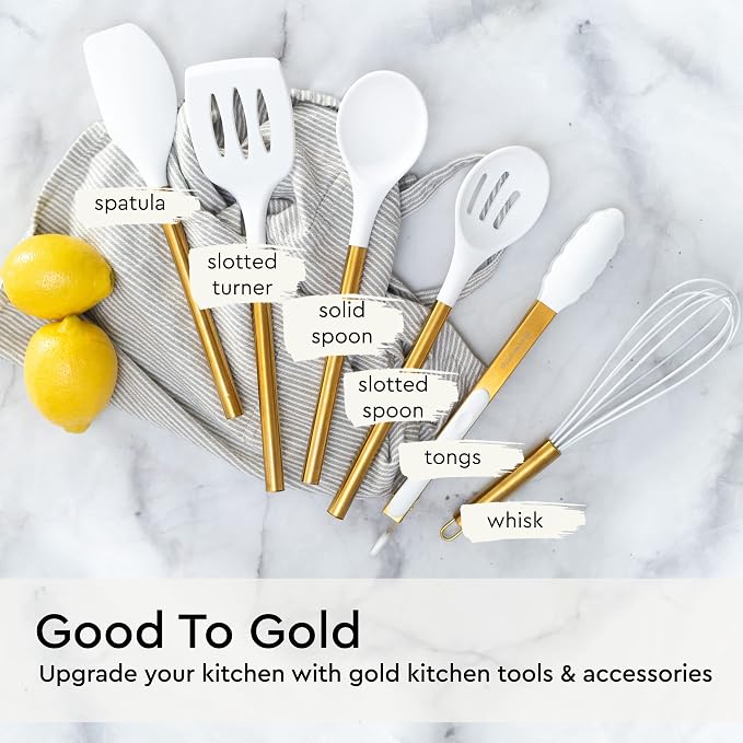 Gold Kitchen Utensils Set – 6 PC White Silicone and Gold Cooking Utensils with Spatula, Whisk, Tongs, Spoons, Cooking Tools for Nonstick Cookware – Luxury Kitchen Accessories for Home Chefs | White Silicone and Gold Cooking Utensils with Spatula, Whisk... - Image 8