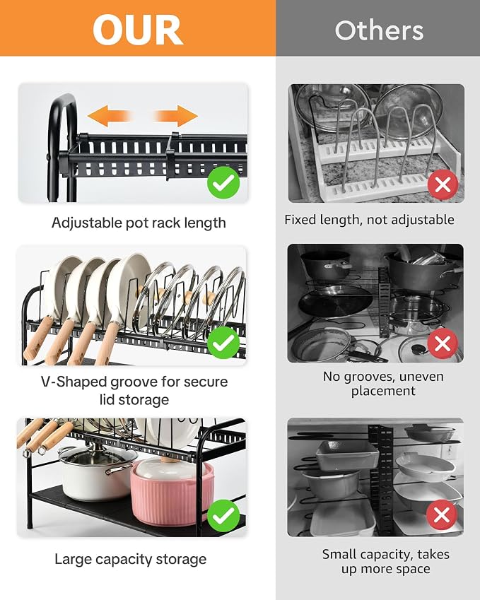HULISEN Pots and Pans Organizer Under Cabinet, 2-Tier Expandable Pot Rack | 10 Dividers for Lid Separation, 5-Level Adjustable Height, Kitchen Cookware Pan Holder Shelf, Carbon Steel Frame - Image 4