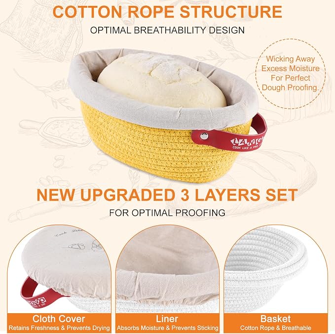 Banneton Bread Proofing Basket Set Made with Cotton Rope,Sourdough Starter Kit with Liners&Covers,bread basket for Artisan Baking, Round&Ova Sourdough Bread Baking Supplies Gift Set - Image 2