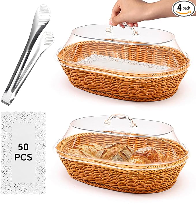 Rattan Bread Baskets, 2 Pack, Oval Woven Baskets with Acrylic Lids, 15.75 x 11.81 inches, Stainless Steel Tongs, Lace Doilies, for Bread, Fruit, Food Display by TrezTreamer