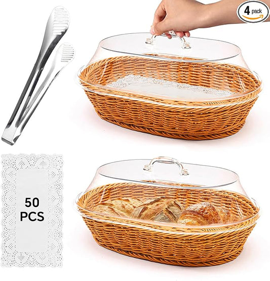Rattan Bread Baskets, 2 Pack, Oval Woven Baskets with Acrylic Lids, 15.75 x 11.81 inches, Stainless Steel Tongs, Lace Doilies, for Bread, Fruit, Food Display by TrezTreamer