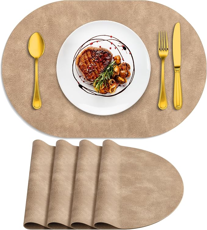 ADRIMER Placemats, Heat Resistant Oval Placemats Set of 4 Washable 12 x 17 Inch, Waterproof Table Placemats Set of 4, Wipeable Faux Leather Placemats for Kitchen, Dining Room, Apricot by Adrimersdreamistobeanindispensablecompanioninyourlife