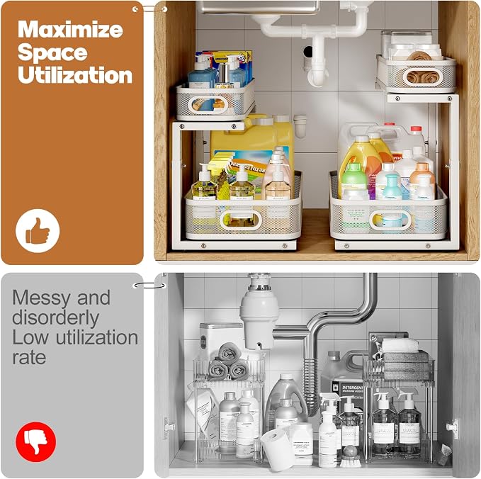 2 Pack 19.3IN-Depth Under Sink Organizer with Smooth Cylindrical Rail,2-Tier Pull Out Multi-Purpose Cabinet Storage for Bathroom&Kitchen,Height Adjustable,Rust-Resistant Coating-White - Image 5