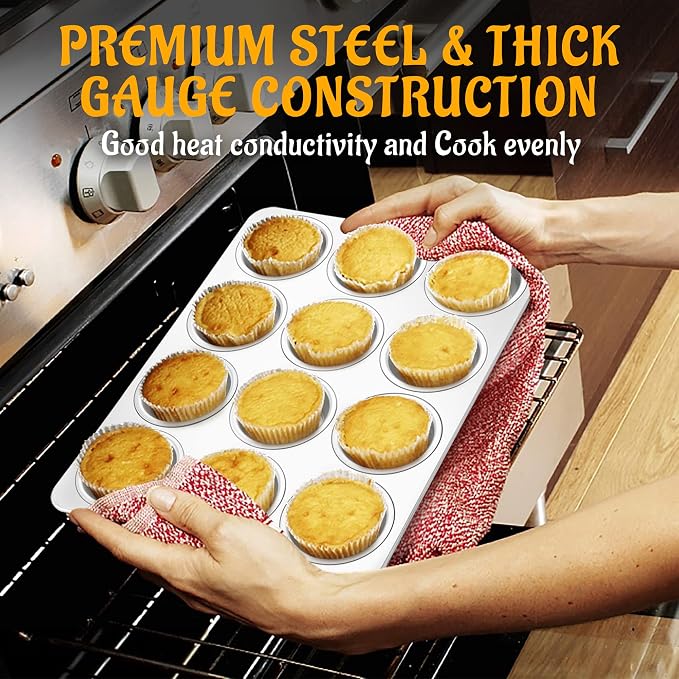 E-far 12-Cup Muffin Pan Set of 6, Stainless Steel Cupcake Pan for Oven | Non-Toxic Metal Muffin Tins for Baking Muffins & Cupcakes, Regular Size & Easy Clean, Dishwasher Safe - Image 5