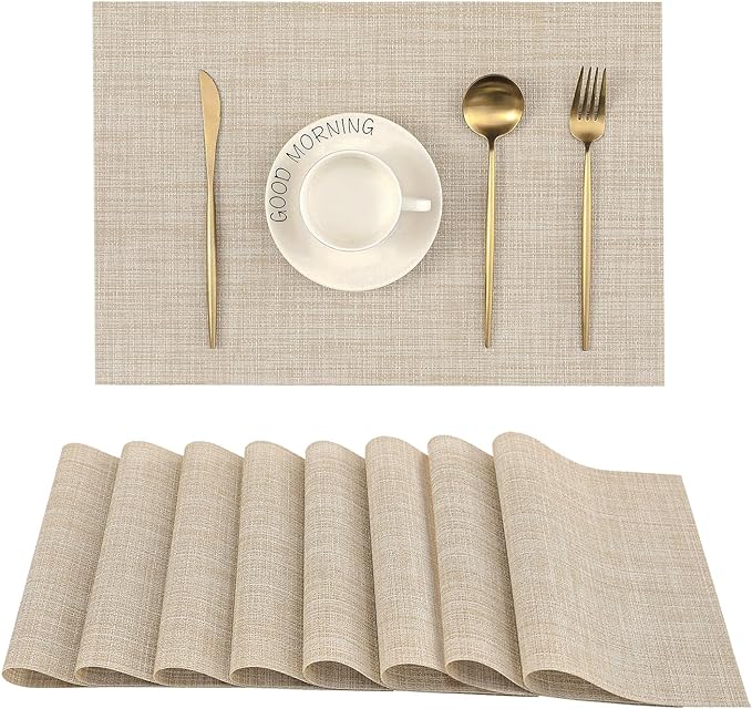 Leetaltree Beige Placemats Set of 8 - Heat Resistant Non-Slip Place mats for Dining Table, Washable Durable PVC Vinyl Woven Table Mats（Beige, 8） by Leetaltree-ArtatEveryTable