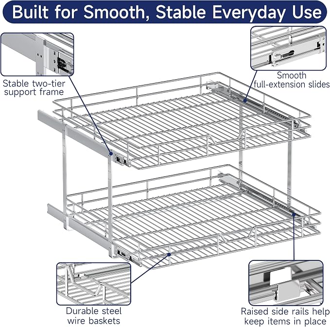 2-Tier Pull Out Cabinet Organizer, 25.5" W x 21.5" D, Heavy Duty Dual Slide Out Shelves for Wide Base Cabinets, Chrome Wire Basket Drawer for Pots, Pans, Pantry & Cleaning Supplies - Image 5