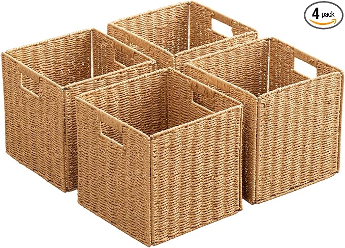 Foldable Storage Baskets with Handles Paper Rope Storage Baskets Rectangle Collapsible Hand Woven Storage Cubes Bins for Organizing Shelves Living Room Bedroom Pantry (4, 11'' x 11'' x 11'') by ChubanCraft