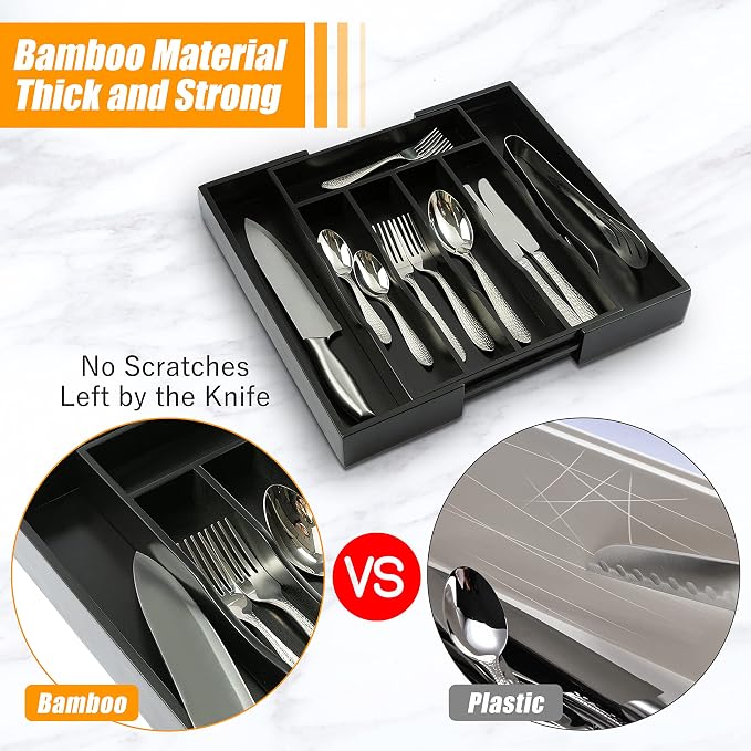 Black Silverware Organizer Kitchen Drawer Organizer Expandable Bamboo Utensil Holder Cutlery Tray for Kitchen Utensil and Flatware Bedroom Office - Image 4