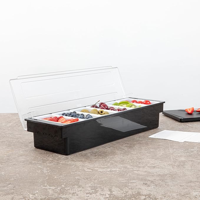 Restaurantware Bar Lux 19.6 x 6.3 x 3.7 Inch Condiment Caddy 1 Durable Bar Caddy - 6 Removable Compartments Built-In Lid Black Plastic Condiment Holder For Restaurant Store Cocktail Garnish - Image 6