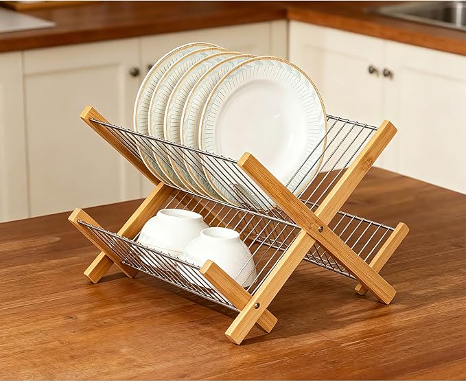 2-Tier Collapsible Dish Drying Rack – Space-Saving Wood & Metal Kitchen Counter Organizer for Dishes, Plates, Cups & Utensils, Compact Folding Design - Image 4
