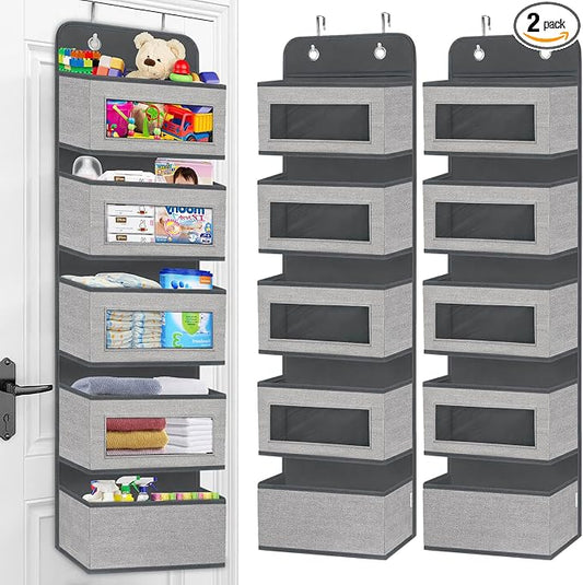 2 Pack Over the Door Hanging Organizer with 5 Large Pocket and Clear Window, Sturdy Over the Door Storage Organizer for Closet, Pantry, Bathroom,Bedroom, Nursery, Dorm (Grey) by homyfort