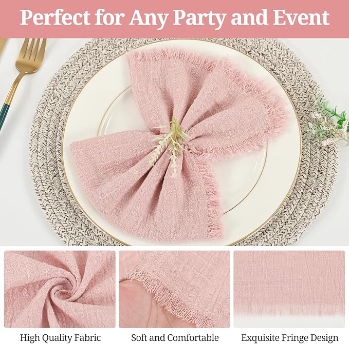 36 Pack Pink Cloth Napkins, 16 x 16 Inch Cotton with Fringe Settings | Handmade washable reusable cotton dinner napkins in bulk for weddings, parties, rustic boho table settings - Image 7