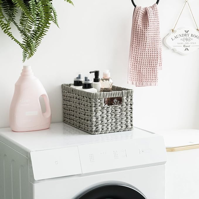 GRANNY SAYS Wicker Storage Baskets for Organizing, Basket Organizer, 2-Pack | Waterproof Wicker Baskets with Handles, Cabinet,Coffee Table,Gray Plastic Baskets for Shelves,Handwoven Bathroom Storage Bins - Image 8