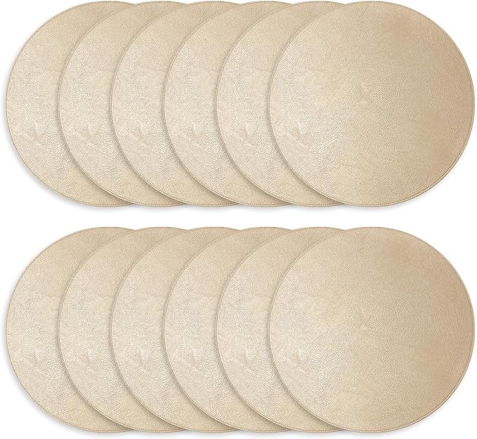 Morgan Faux Leather Set of 12 Placemats, 15" Round, Champagne, Heat Resistant, Stain Resistant, Non-Slip, Reversible, Durable Table Mats for Kitchen, Dining Table, Indoor Washable Use by Homewear