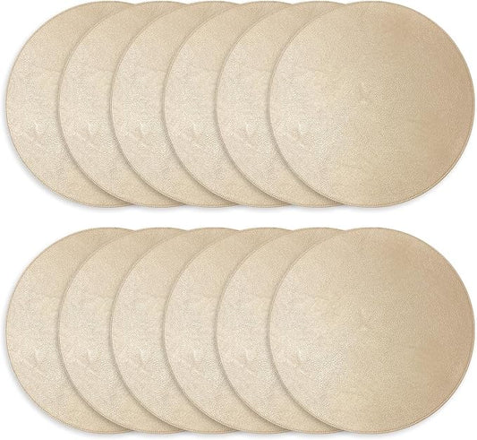 Morgan Faux Leather Set of 12 Placemats, 15" Round, Champagne, Heat Resistant, Stain Resistant, Non-Slip, Reversible, Durable Table Mats for Kitchen, Dining Table, Indoor Washable Use by Homewear