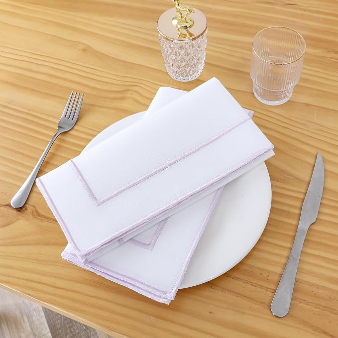 Majestic Giftware Set of 12 Polyester Napkins (NPK-LA) | White Lavendar Trim Design Dinner Napkins Cloth | Linen Look Washable Cloth Napkins Set for Weddings, Banquets, or Restaurants (20" x 20") - Image 2