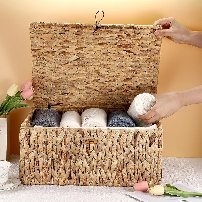Hipiwe Handwoven Wicker Basket Natural Water Hyacinth Storage Bin with Lid | Decorative Shelf Basket with Handles for Closet Living Room Bathroom, 17.0" L x 13.2" W x 7.0" H - Image 7
