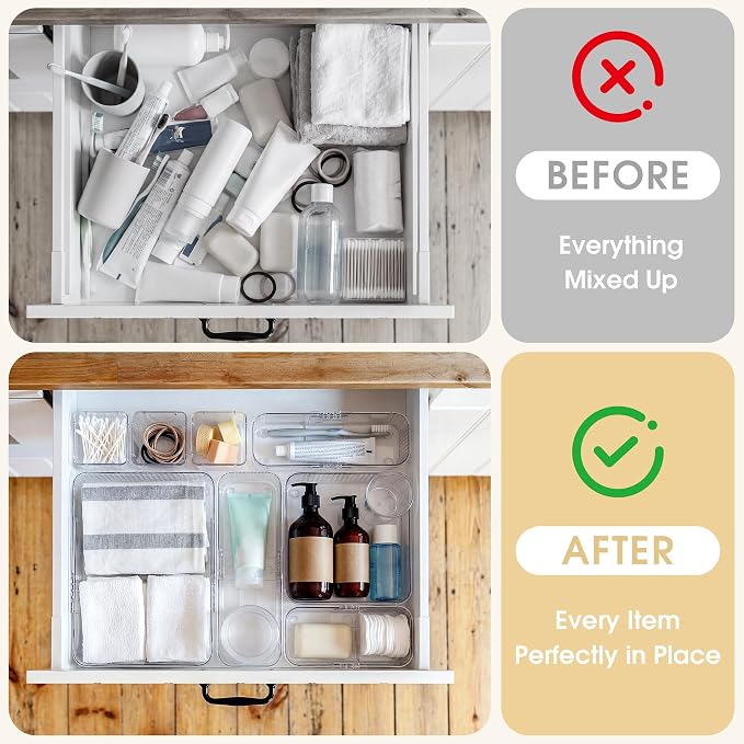 Aneco 20 Pieces Extendable Clear Drawer Organizer Adjustable Vanity Storage Box 4-Size Desk Drawer Divider Acrylic Storage Bins for Makeup, Cosmetic, Jewelries, Bedroom Kitchen Utensils Gadgets - Image 4