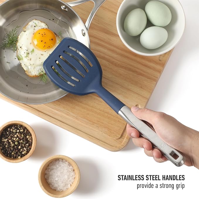 Calphalon Prime 7-Piece Silicone and Teak Wood Kitchen Tool Set, Stainless Steel Kitchen Utensil Set, Kitchen Spoon And Spatula Set, Heat Resistant Non-Slip Kitchen Gadgets Set - Navy Blue - Image 4