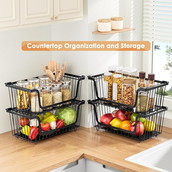 4 Pcs Stackable Wire Baskets for Pantry Organizers and Storage, Black | Metal Baskets with Handles,Produce Potato Onion Storage Bin,Vegetable Fruit Basket for Countertop, Kitchen Storage - Image 2