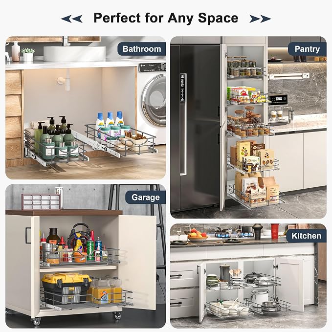 2 Tier Pull Out Cabinet Organizer - 23" W x 22" D Soft Close Slide Out Shelves with Shelf Liners - Pullout Drawers for Kitchen Cabinets, Pantry, Bathroom, Heavy Duty Steel Wire Baskets - Image 7