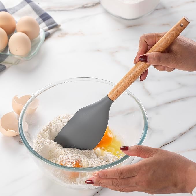 Country Kitchen Non Stick Silicone Utensil Set with Rounded Wood Handles for Cooking and Baking, 14 Piece Set, Gray - Image 6