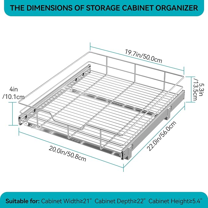 Pull Out Cabinet Organizer 21" W X 22" D, Chromed, Full Slide Out Drawers | For Kitchen Organizers and Storage, Pull Out Drawers For Cabinets Capacity Heavy Duty Caddy, Cabinet Shelves, Bathroom Pantry - Image 2