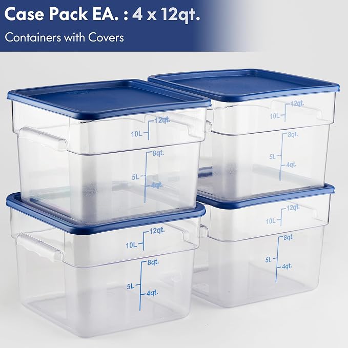 4 Pack Food Storage Containers with Blue Lids - NSF Listed Commercial Grade in 12.0 Qt - Square, Clear, Polycarbonate - Image 2