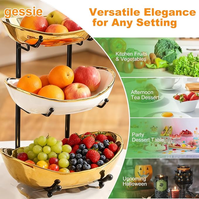 3 Tier Fruit Bowl for Kitchen Counter,Ceramic Bowl with Metal Stand,3 Tier Fruit Basket for Vegetable Bread Candy Snack Nuts Dessert Cake Tray (Gold Bowl Black Rack) - Image 6