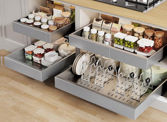Seinloes 4 Pack Pull out Cabinet Organizer 21"Deep With Raising Pad for Framed Cabinets, Expandable Slide out Drawers for Kitchen Cabinets with 4pcs Divider Racks,Roll out Shelves 12.1"-20.4" W Silver by Seinloes
