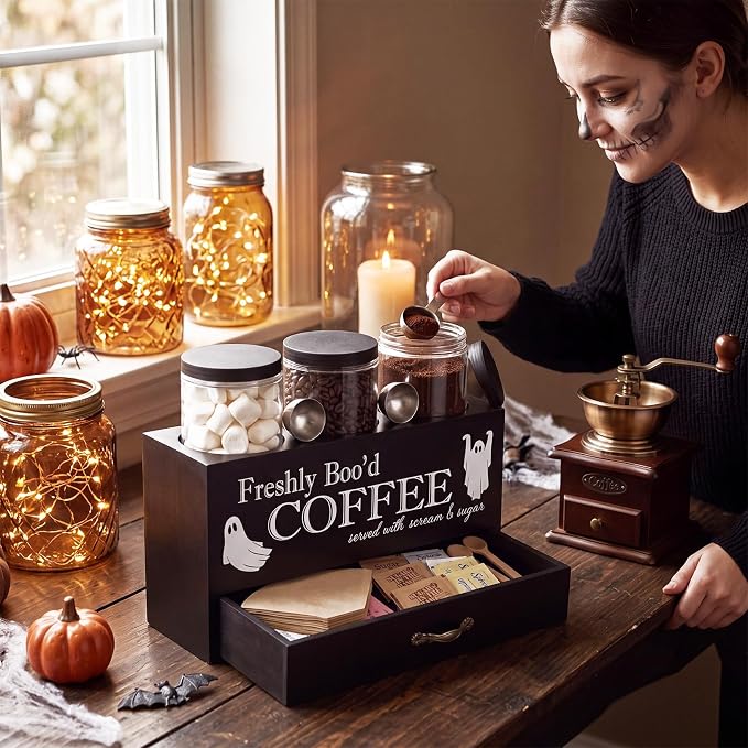 3 Pcs Halloween Coffee Bar Containers Set Include Coffee Sugar Container with Lid and Spoon and Double Layer Storage Box with Drawer for Bar Kitchen Countertop(Black) - Image 4