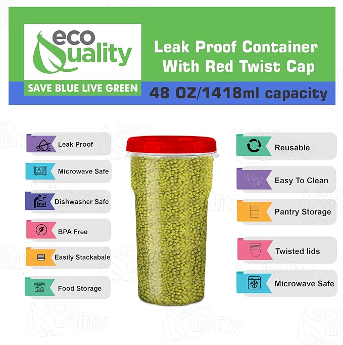 48 oz Clear Twist Top Storage Deli Containers with Leak Proof Lids Red - BPA Free Snack Containers Airtight Reusable Plastic Food Storage Canisters with Twist Seal Caps, Food Storage, Meal Prep, Freezer, Kitchen Organizer, Stackable, Reusable (32) - Image 4